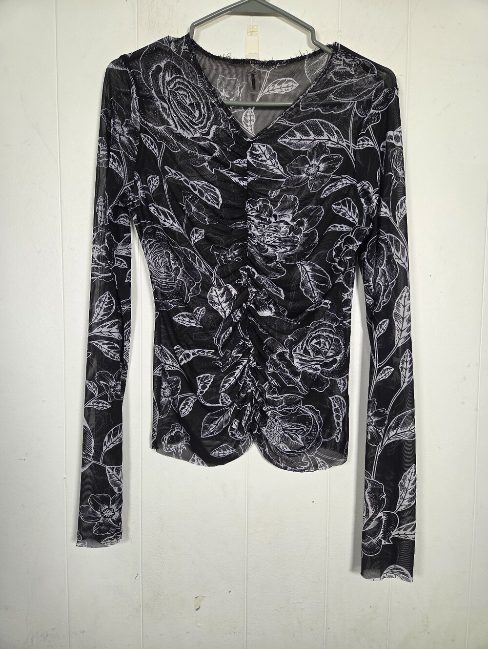 Black Semi Sheer Mesh Floral Long Sleeve V Neck Ruched Blouse No Size 90s Y2k